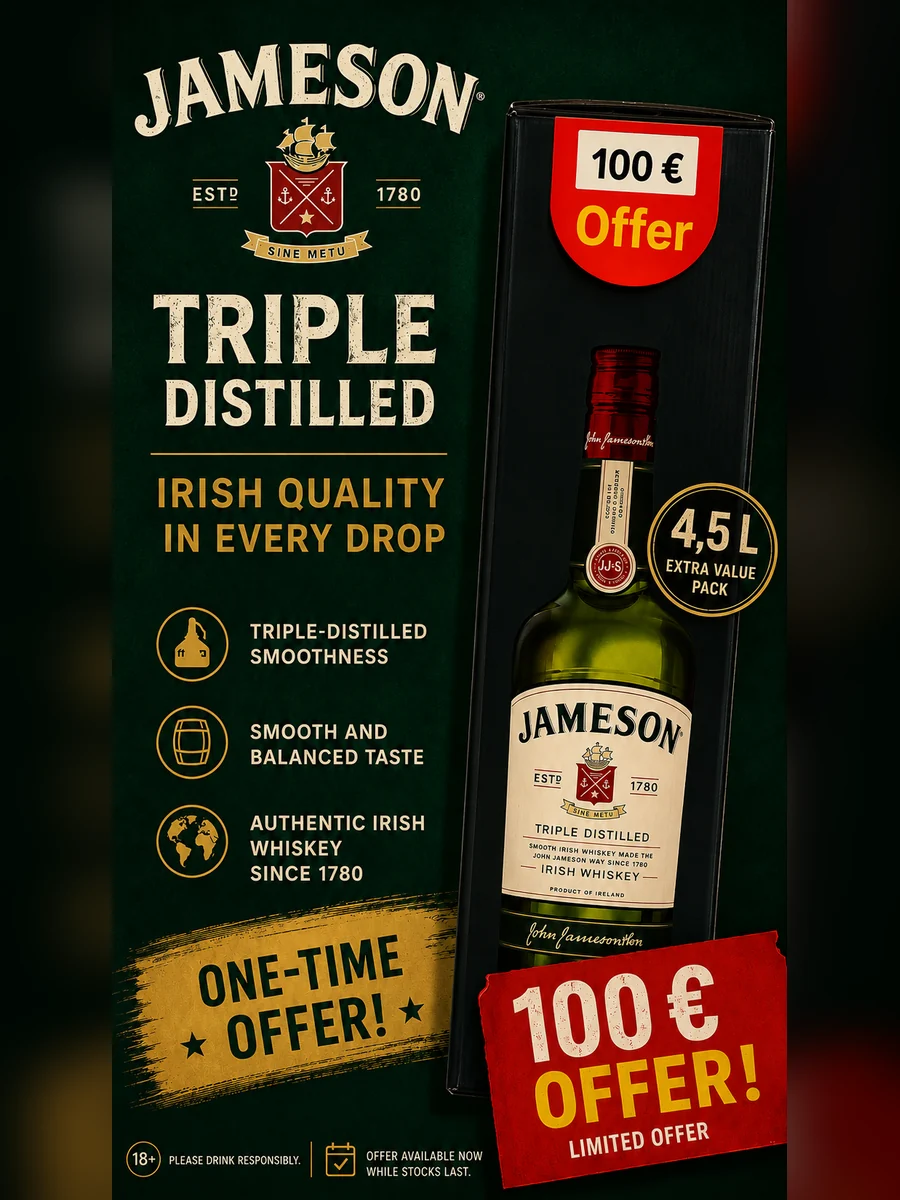 Jameson Triple Distilled 4.5 L limited offer for €100 at Trafika Komárno