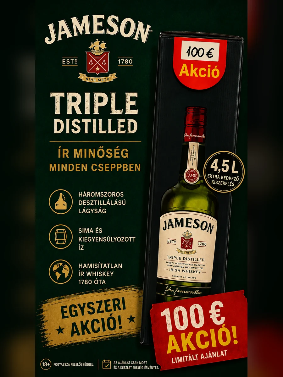 Jameson Triple Distilled 4,5 l 100 eurós limitált akcióban a Trafika Komárno révkomáromi üzletében