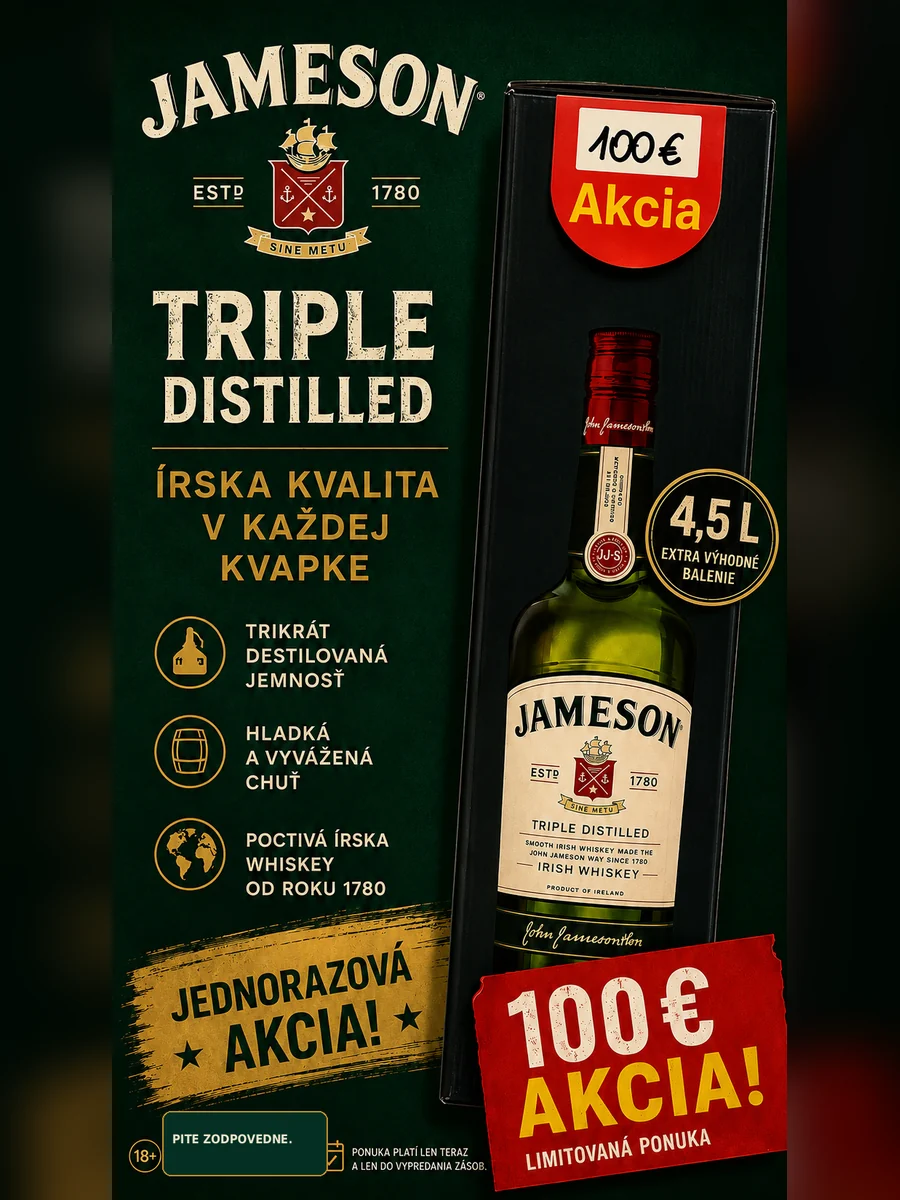 Jameson Triple Distilled 4,5 l v limitovanej akcii za 100 € v Trafike Komárno